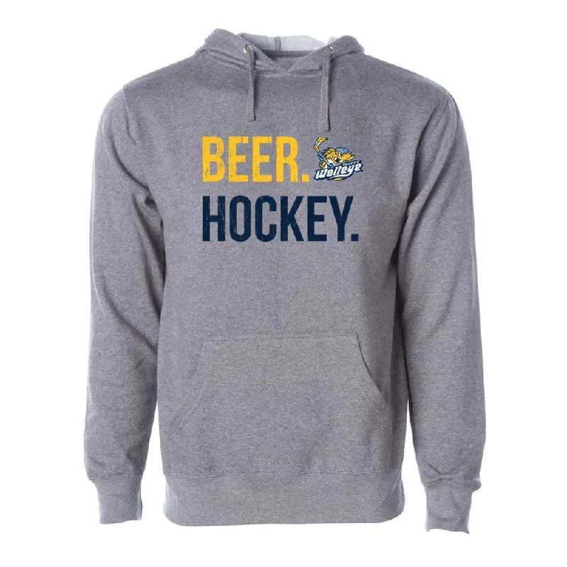 Toledo Walleye Grey Beer Hockey Hooded Sweatshirt Hoodie with Drawstring Waist Adjustable Fitted