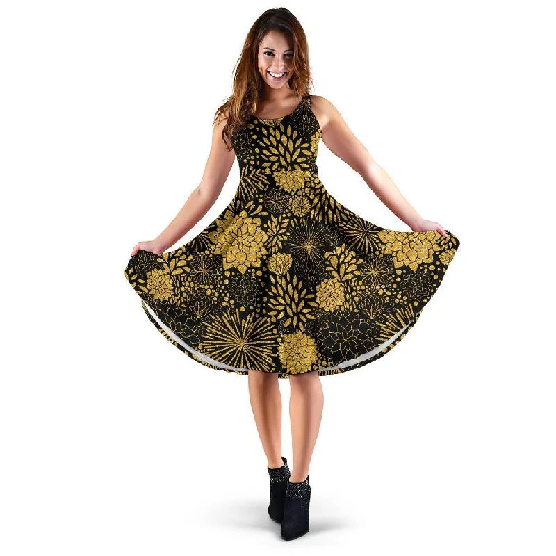 Gold Glitter Floral Pattern Print Dress Bodycon Club Sequined