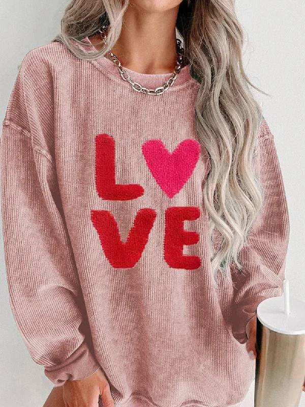 Chenille LOVE Pink Corded Graphic Sweatshirt Hoodie with Exposed Zipper Edgy Industrial