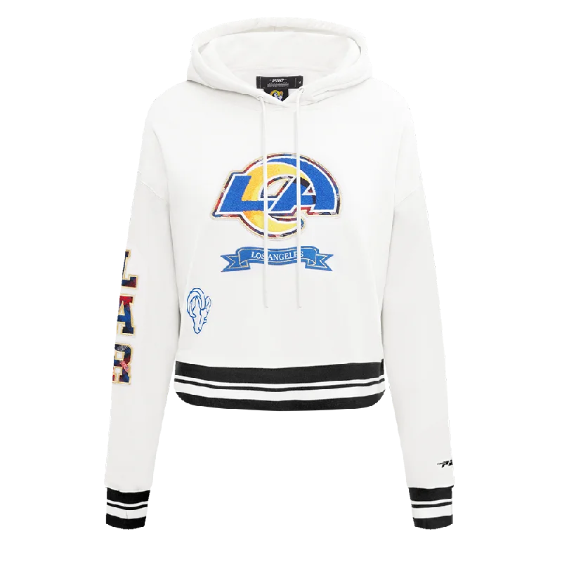 NFL LOS ANGELES RAMS PRO PREP RIB FLC WOMEN'S CROPPED PO HOODIE (WHITE/BLACK) Hoodie with Reflective Safety Nightwear