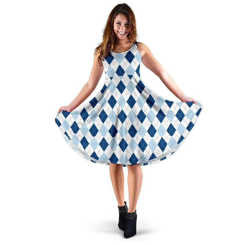 Argyle Blue Pattern Print Dress Tunics Corduroy durable