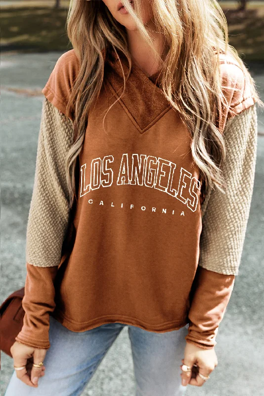 Chestnut LOS ANGELES Colorblock Textured Knit Patchwork Hoodie Hoodie with Hem Contrast Bold Stylish