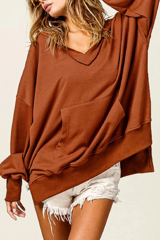 Chestnut V Neck Kangaroo Pocket Cozy Hoodie Cotton Hoodie Fleece Lining Warmth