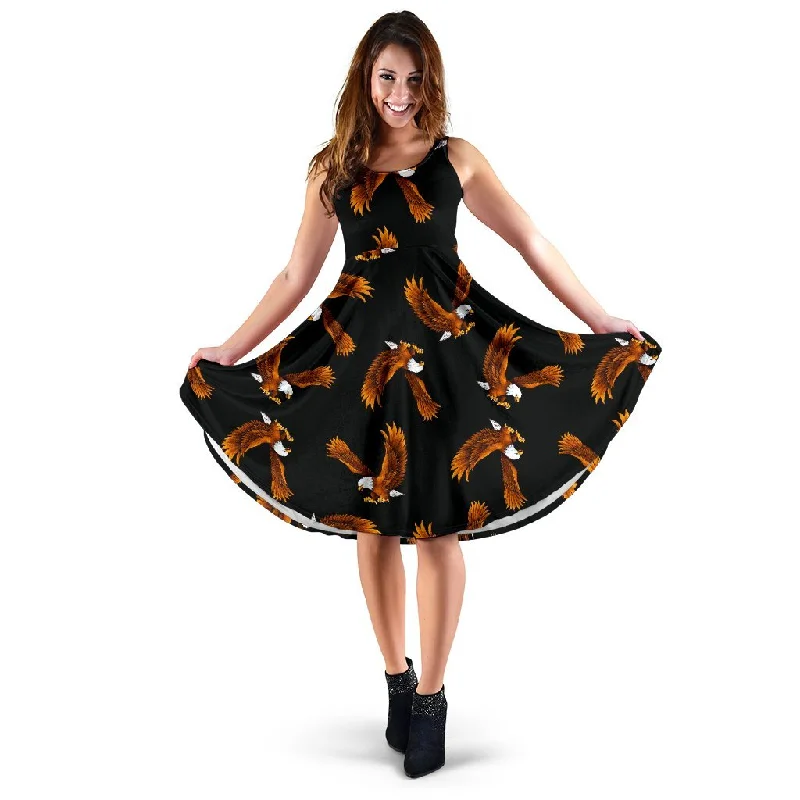 Eagle Black Pattern Print Dress Off-the-shoulder Chic Trendy
