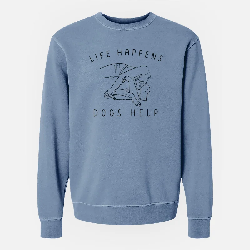 Life Happens Dogs Help - Golden Retriever - Unisex Pigment Dyed Crew Sweatshirt Hoodie with Raw Hem Edgy Unfinished
