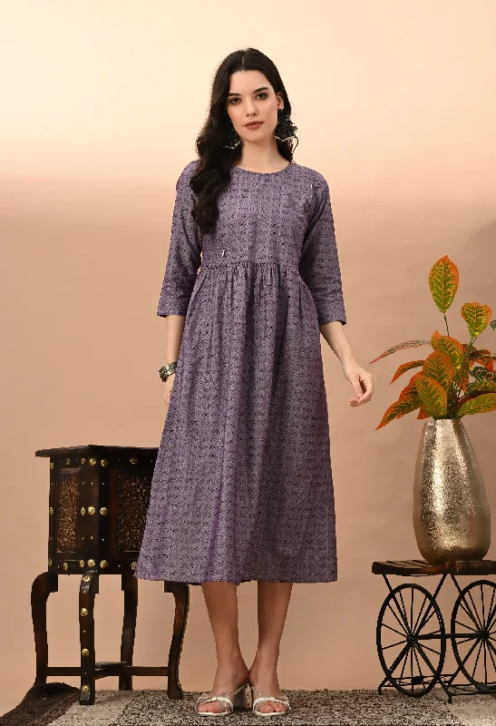 Women's Purple Cotton Doby  Dress - Kairab Tunics Leisure comfortable