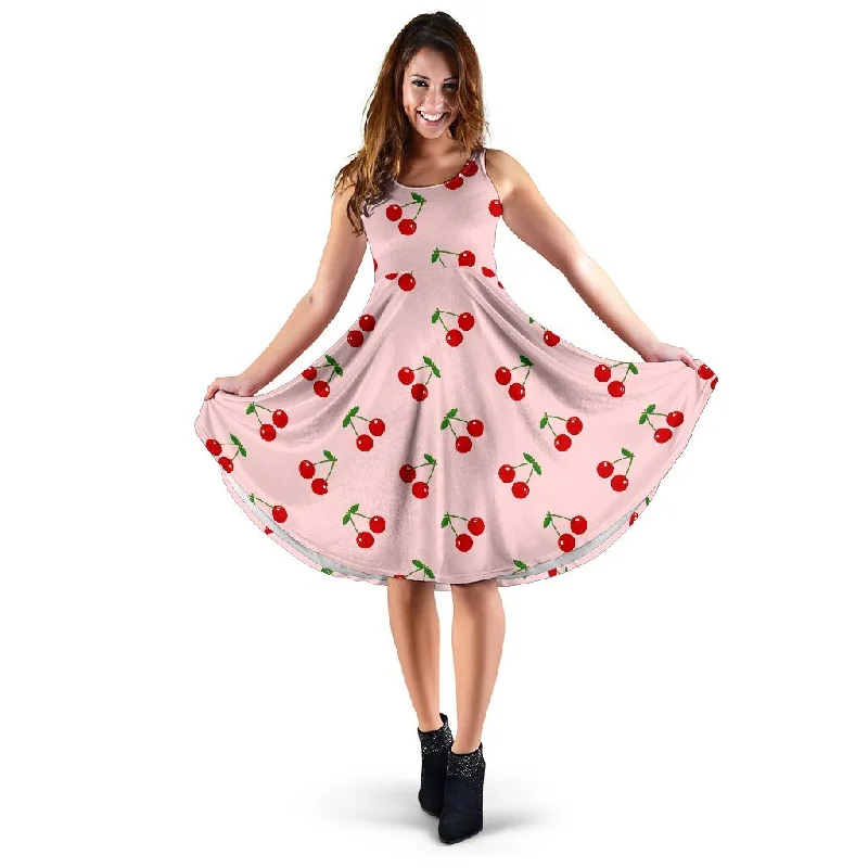 Cherry Pink Pattern Print Dress Tunic Top Casual