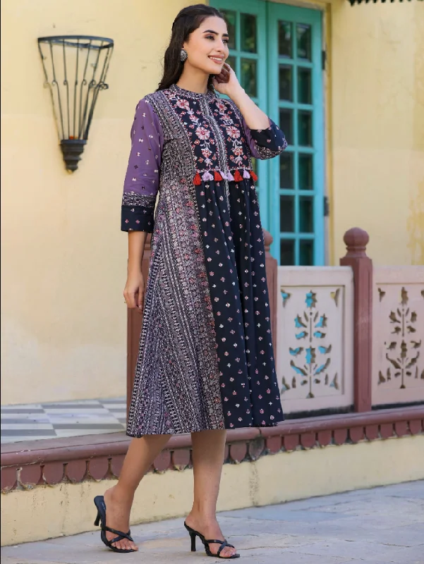Women's Lavender  Printed Embroidered Flared Dress - Juniper Tunics Floral girly