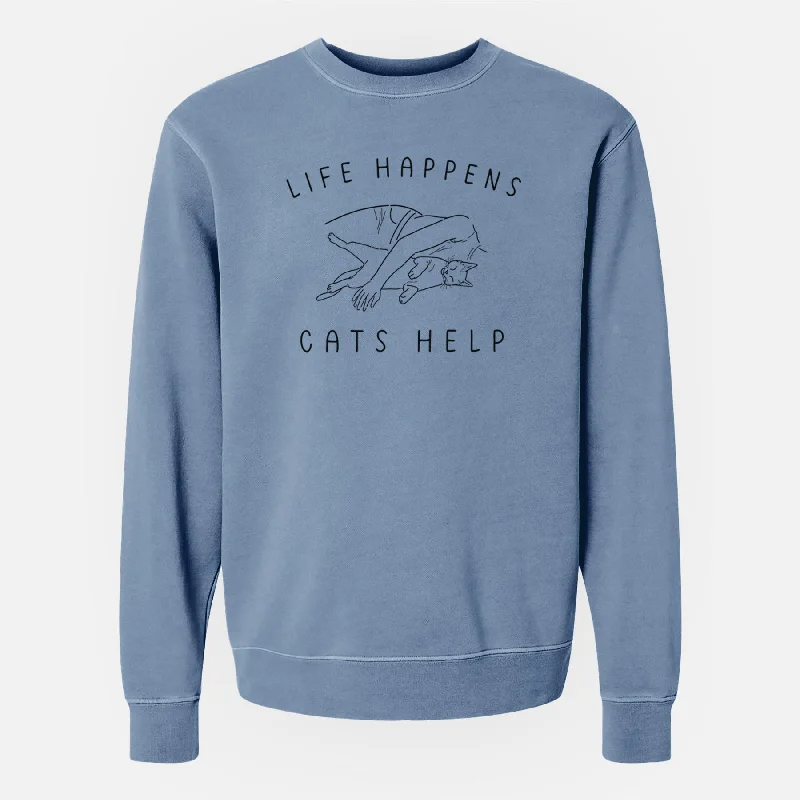 Life Happens Cats Help - Shorthair Cat - Unisex Pigment Dyed Crew Sweatshirt Hoodie with Hem Raw Edge Edgy Unfinished