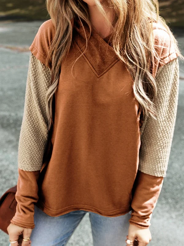Chestnut Patchwork Colorblock Hoodie with Contrast Sleeves Hoodie with Hem Raw Edge Edgy Unfinished