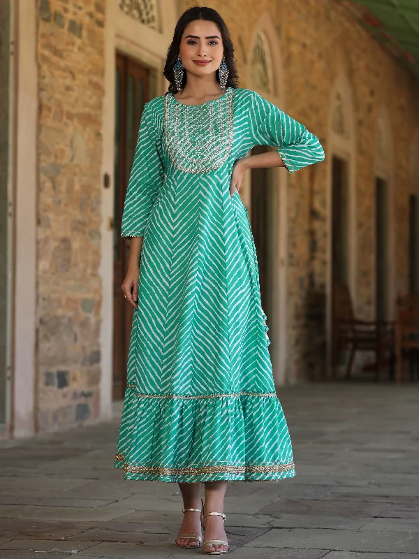 Women's Green Printed Embroidered Mirror Work Sequin Cotton Flared Dress - Juniper Elegant Long Evening