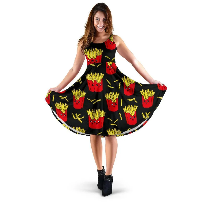 French Fries Cartoon Print Pattern Dress Tunics Solid Classic