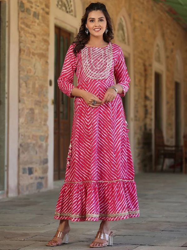 Women's Fuschia Printed Embroidered Mirror Work Sequin Cotton Flared Dress - Juniper Pencil Office Professional