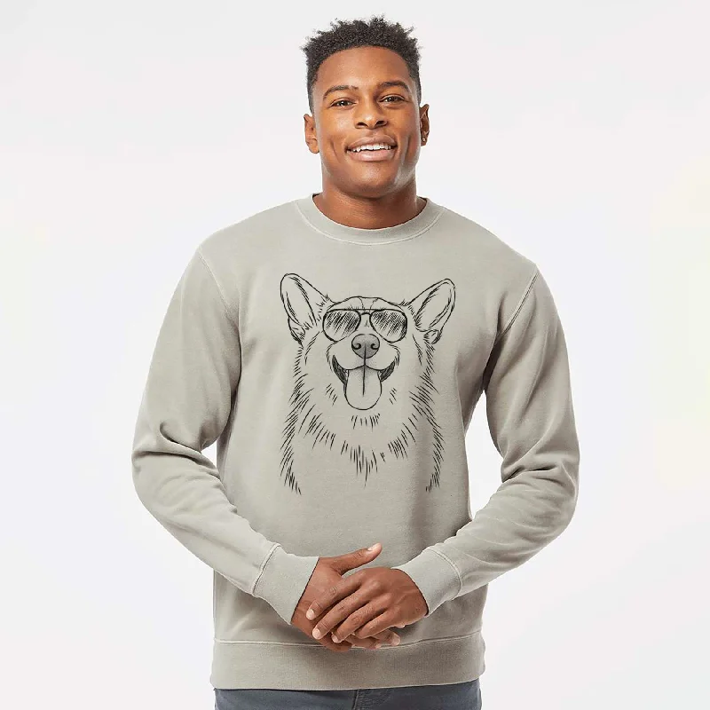 Aviator Porter the Pembroke Welsh Corgi - Unisex Pigment Dyed Crew Sweatshirt Hoodie with Hem Elastic Stretchable Comfortable