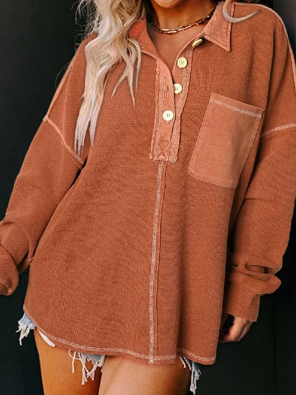 Chestnut Waffle Henley Sweatshirt with Exposed Seam Detail Graphic Hoodie Design Print