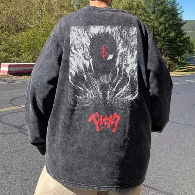 Berserk Printed Distressed Unisex Sweatshirt Hoodie with Button Placket Classic Preppy