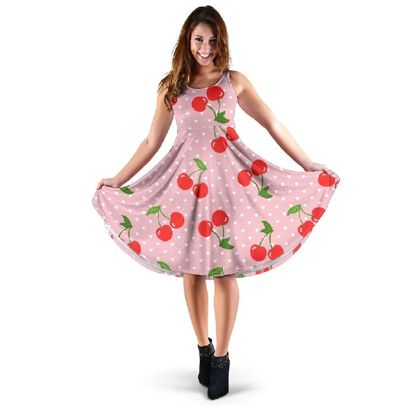 Cherry Heart Dot Pattern Print Dress Tunics Solid Classic