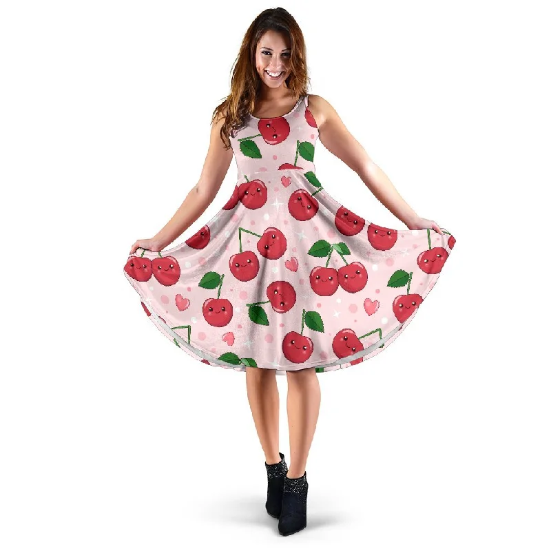 Cherry Print Pattern Dress Turtleneck Neckline Stylish