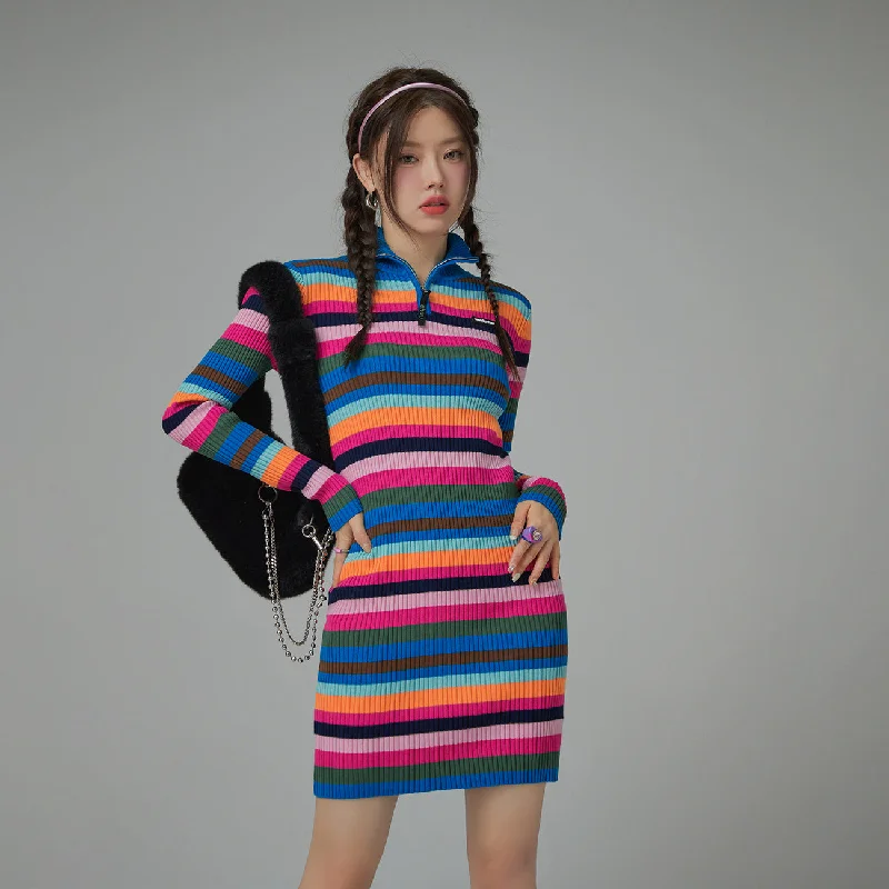 Colorful Skies Rainbow Striped Knit Dress Tunics Trendy modern