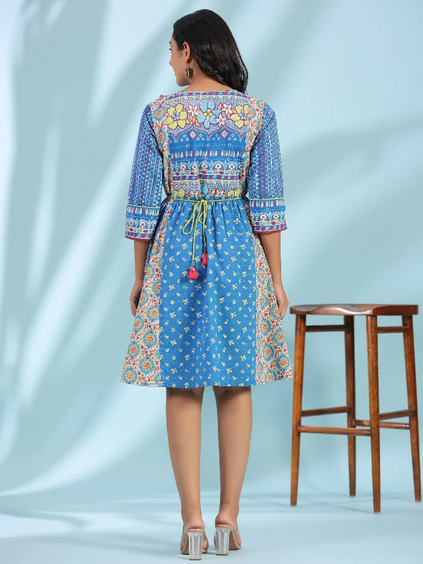 Women's Blue Cotton Cambric Printed Dress - Juniper Casual Short Summer