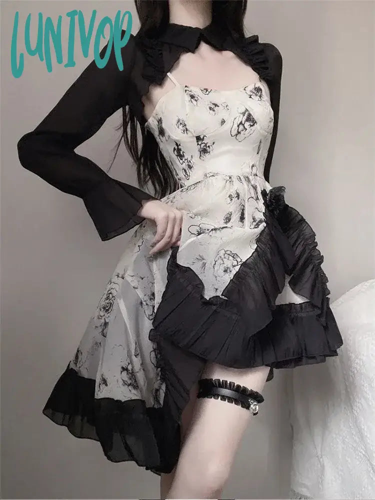 Lunivop Summer New Women Floral Party Dress Vintage 2 Pieces Sets Elagant Female Irregular Ruffles Edge Romantic Super Fairy Dress Tunics Chic fashionable