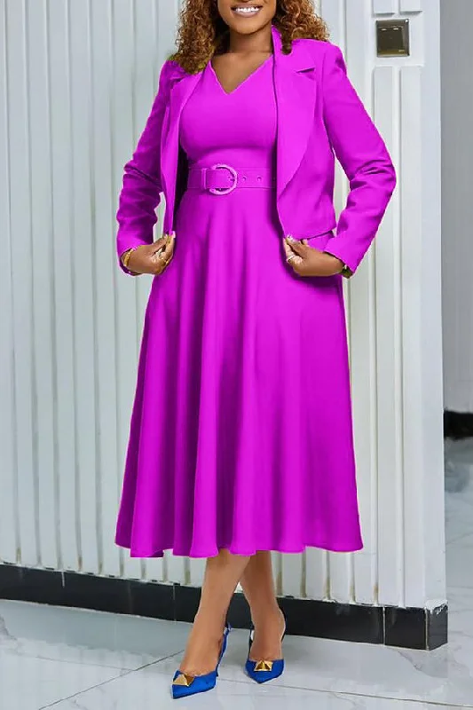 Elegant V-Neck Belted Dress & Jacket Set Corduroy Jacket Velvet Jacket Brocade Jacket