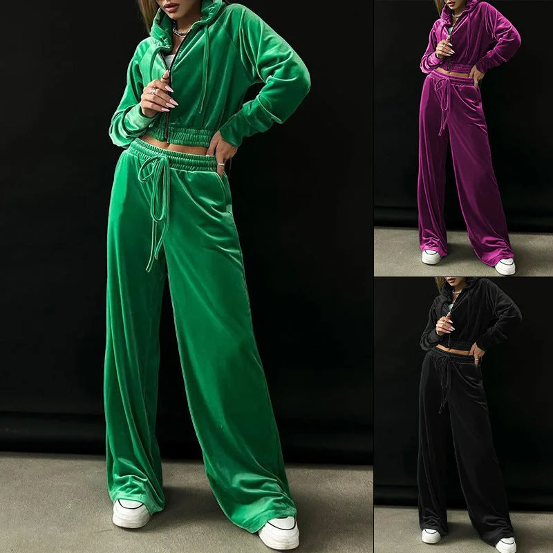 Women's Hoodie Gold Velvet Sports Casual Pants Suit Comfortable Denim Trousers