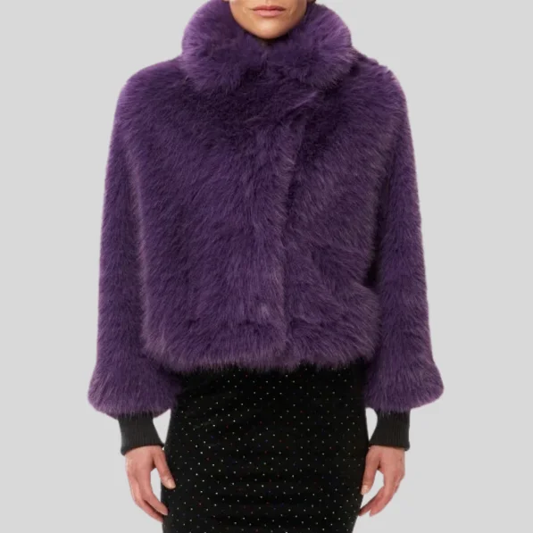 Faux Fur Peak Lapel Crop Jacket - Grape Knit Jacket Woven Jacket Fleece Jacket