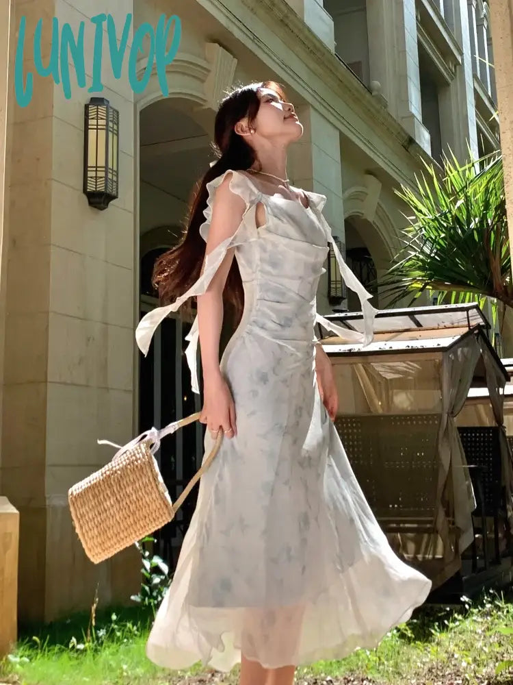 Lunivop Summer Elegant Fashion Floral Chiffon Halter Dresses Women's Vintage Chic Casual Midi Dresses Sexy Backless Holiday Party Dress Tunics Mesh breathable