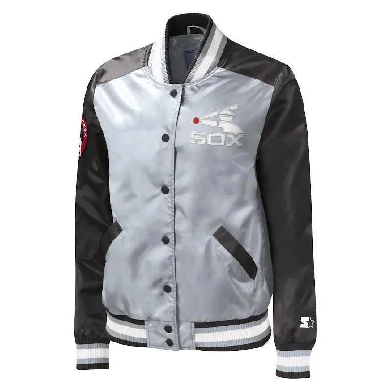 Women's Chicago White Sox Starter Cooperstown Collection Black Batterman Satin Button Down Jacket Striped Jacket Polka Dot Jacket Floral Jacket
