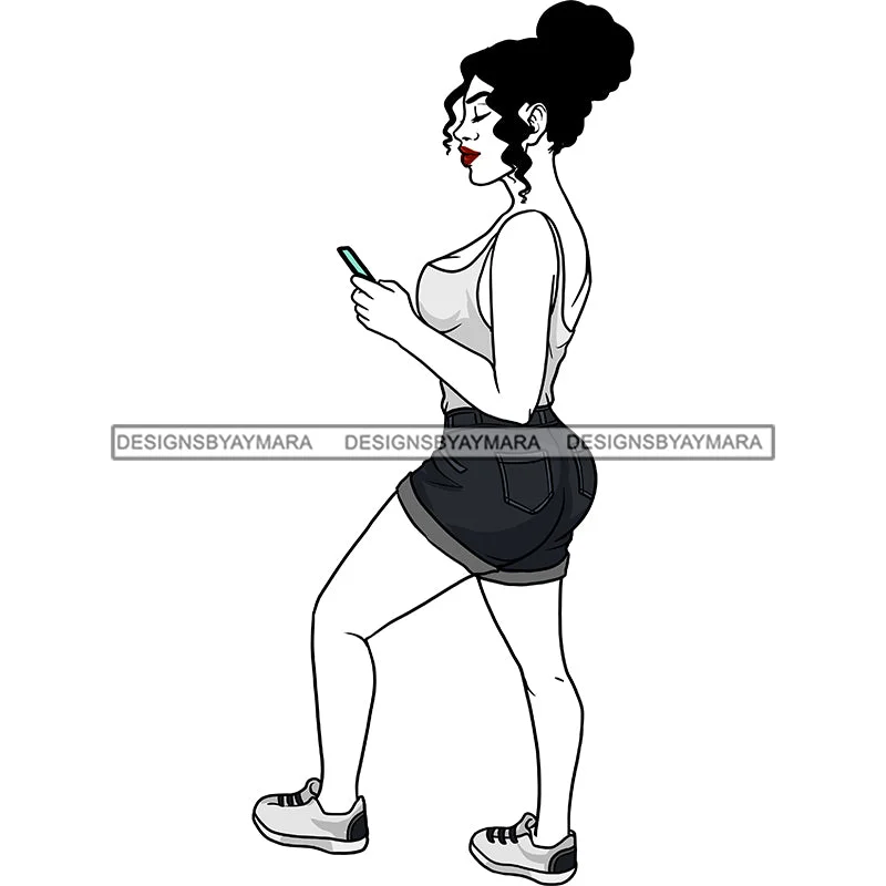 Young Black Woman Jean Shorts  Tank Top Cellphone Mobile  Sneakers Hips Transparent Coloring Page Clipart Graphic  Skillz JPG PNG  Clipart Cricut Silhouette Cut Cutting coral tank top