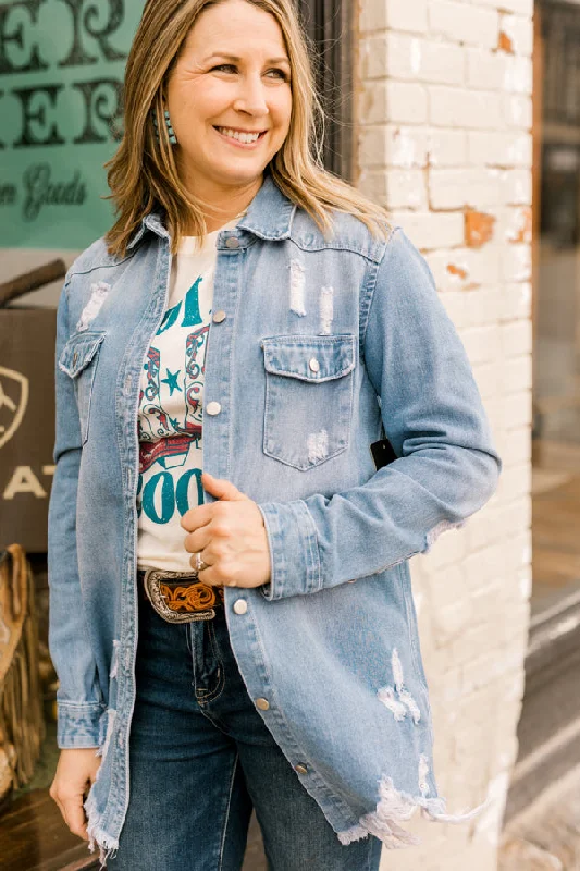 Embrie Distressed Denim Jacket [Light Blue] Boat Neck Shawl Collar Notched Collar