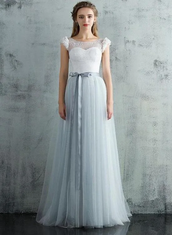 Light Grey Tulle Long Cap Sleeves Wedding Party Dress, Grey A-Line Formal Dress Prom Dress Evening Dress    cg19837 Tunics Short Trendy