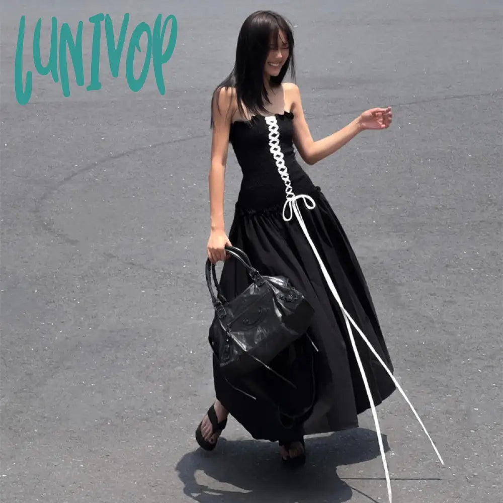 Lunivop Y2K Fairy Women Summer Long Dress VIntage Ruched Front Cross Tie-Up Boat Neck Strapless Tube Dress Summer Backless Party Dress Tunics Spring floral