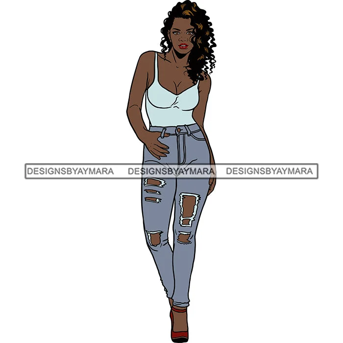 Black Woman In Jeans And Skinny Strap Tank Top Posing SVG JPG PNG Vector Clipart Cricut Silhouette Cut Cutting playful tank top