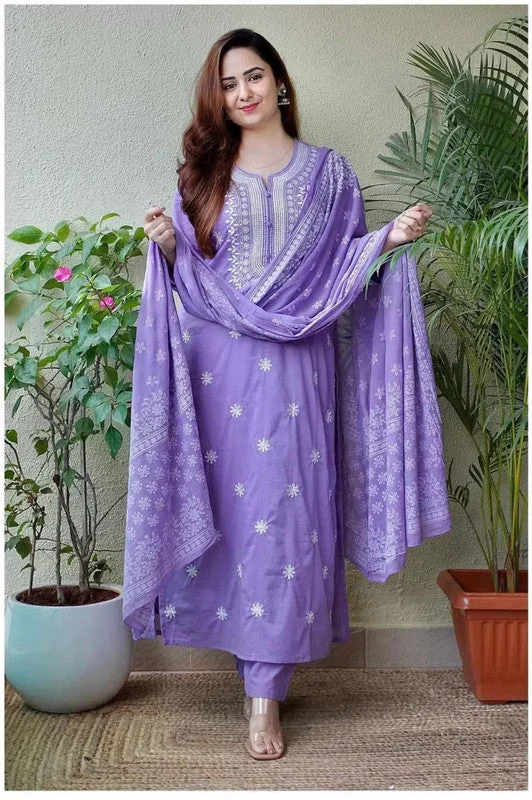 Women's Lavender Viscose Embroidered Floral Kurta Pant With Dupatta - Malishka Export Trendy Palazzo Pants
