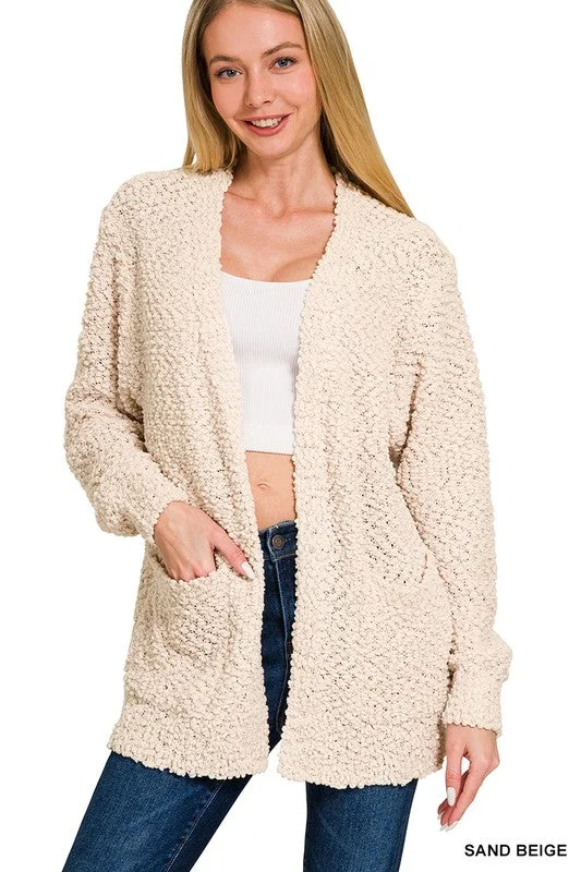 Morning Coffee Sand Beige Popcorn Detail Open Cardigan (Size Medium) Satin Blend Silk Blend Wool Blend