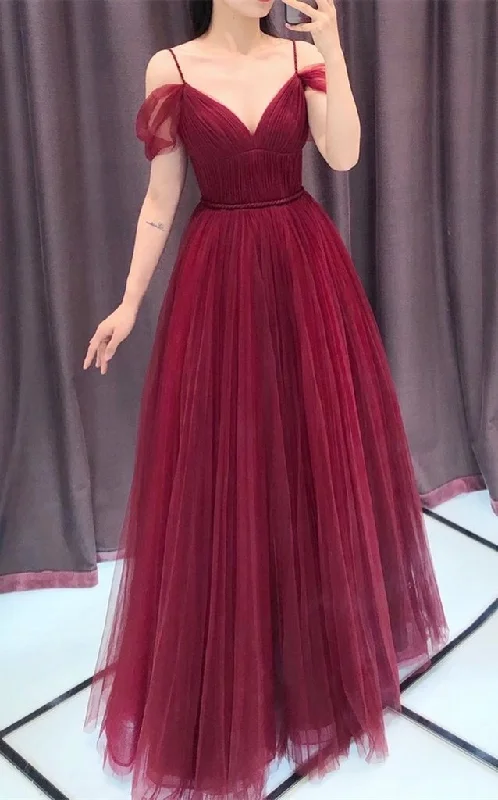Wine Red Straps Off Shoulder A-Line Tulle Evening Dress Party Dress, Dark Red Prom Dress Formal Gown   cg22521 Turtleneck Neckline Stylish