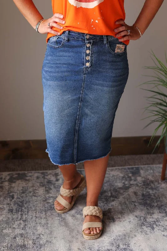 Fray Button Fly Midi Denim Skirt corduroy skirt durable