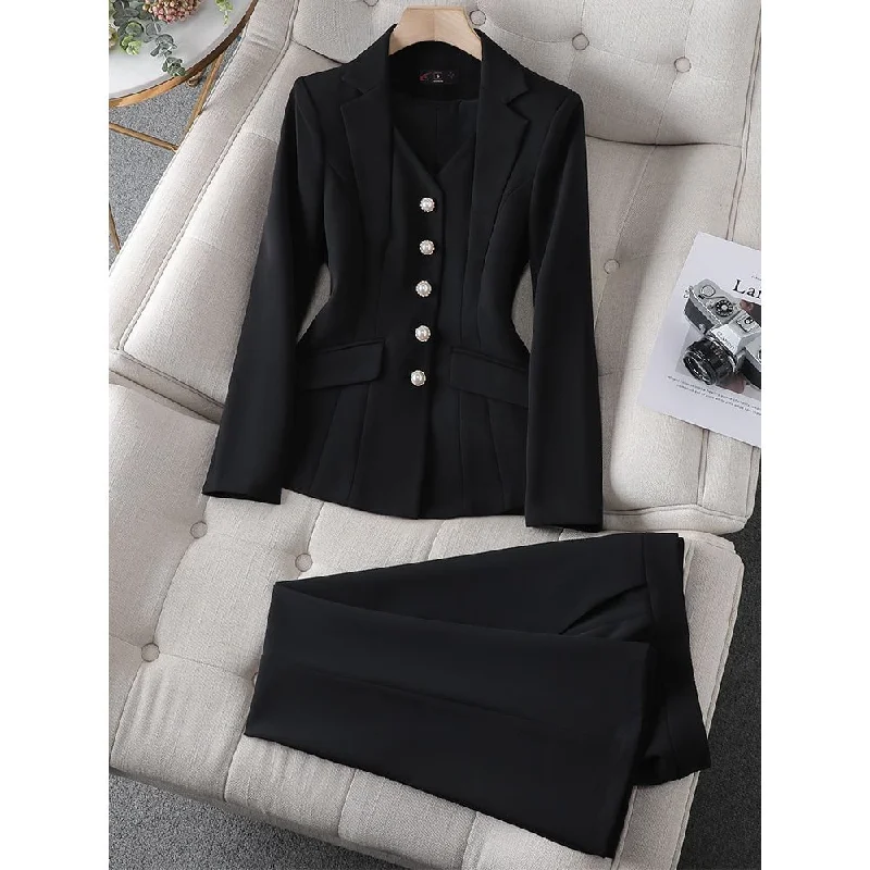 CAROLINE SUITS Women's Elegant Stylish Fashion Office Blazer Jacket & Pants Black Suit Set with Size Chart Guide Belted Jacket Elasticated Jacket Padded Jacket