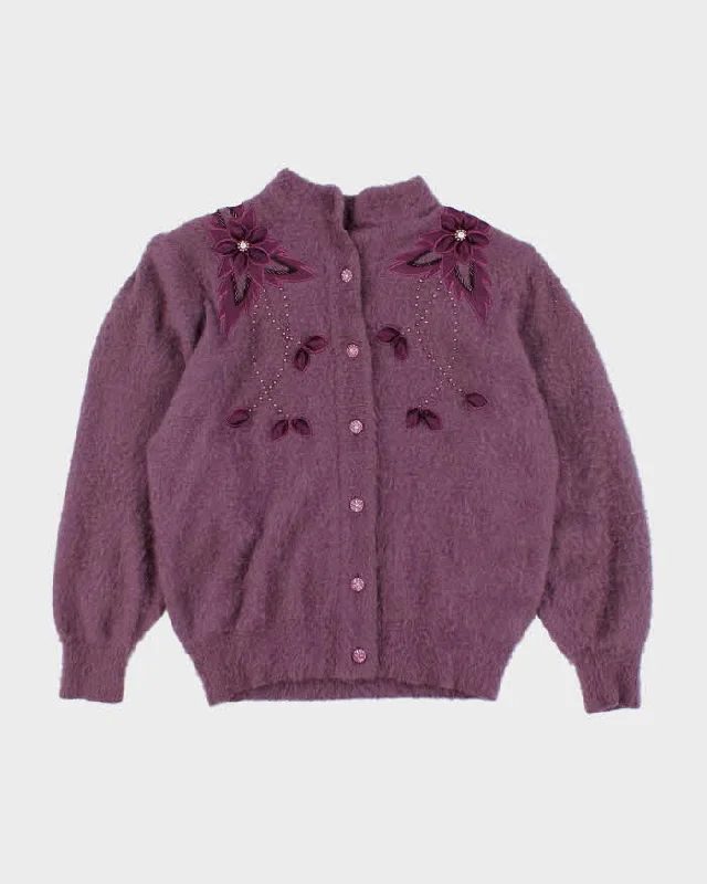 Vintage 80s Keomi Purple Angora Cardigan - L Glossy Satin Silk