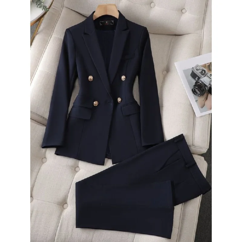 CAROLINE SUITS Women's Elegant Stylish Fashion Notched Lapel Office Blazer Jacket & Pants Navy Blue Suit Set for Business Meetings & Job Interviews Toggled Jacket Drawstring Jacket Belted Jacket