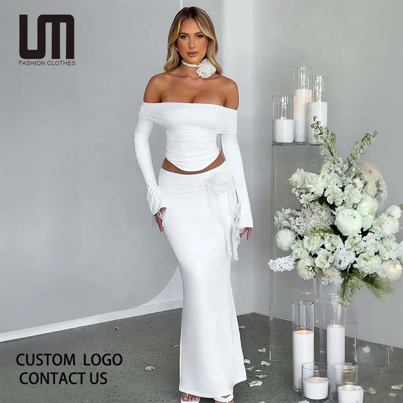 Liu Ming New Wholesale 2024 Fall Winter Women Clothing Sexy Slash Neck Crop Tops Elegant Outfits Flower Party Club Skirts Set leather skirt modern