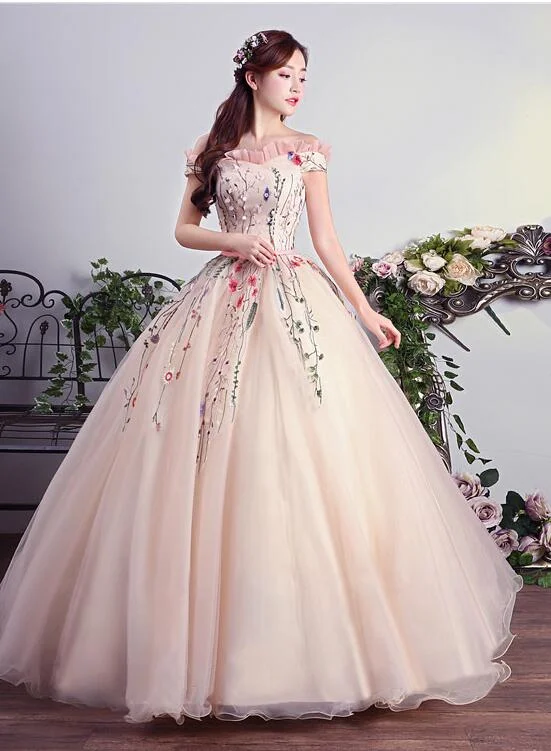 Charming Pink Off Shoulder Ball Gown Formal Dress, Lace Applique Party Dress prom dress evening dress    cg21032 Tunics Mesh breathable