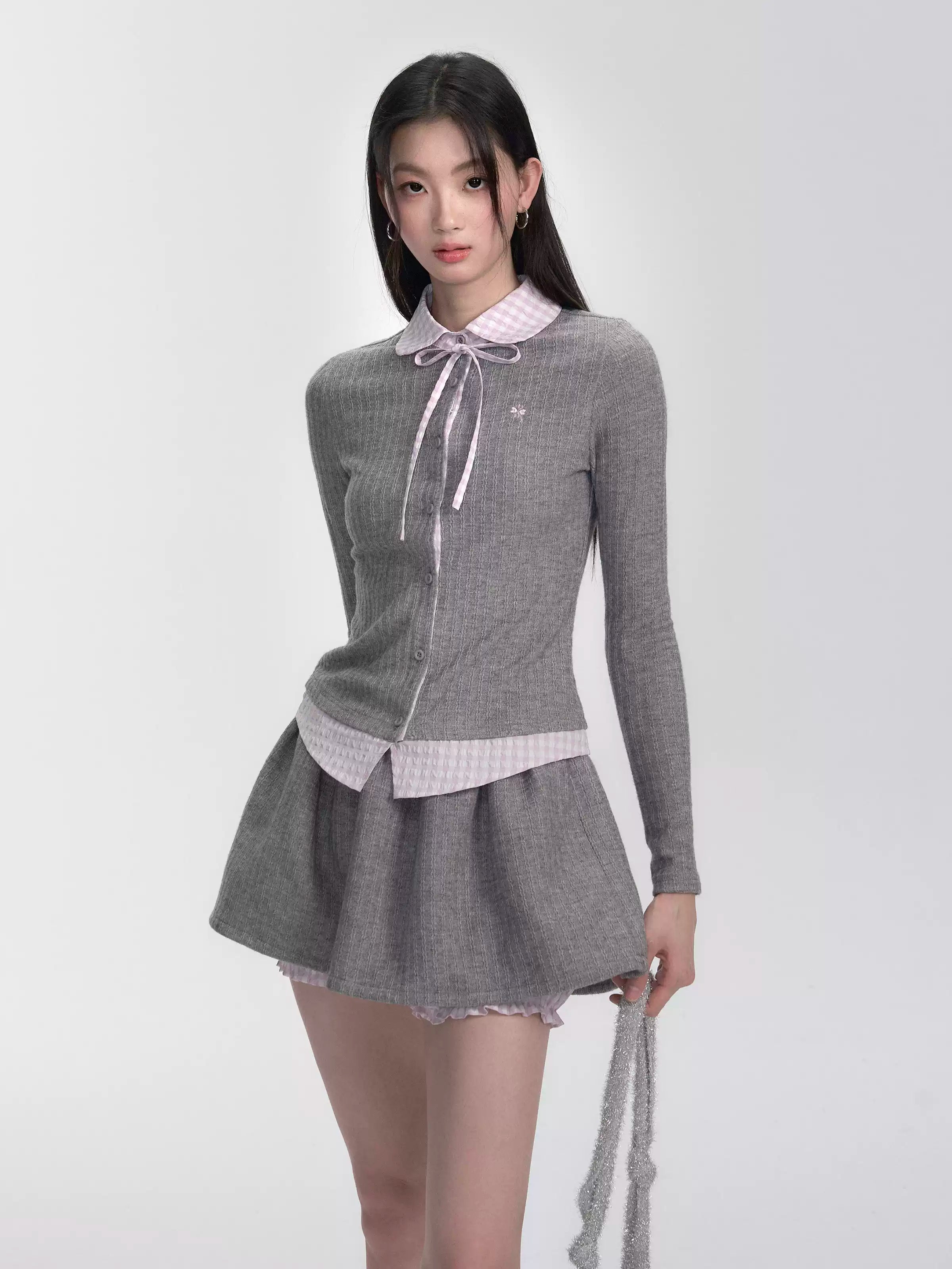 Plaid Fake Two-Piece Knitted Top/Skirt FRA0305 seamless skirt comfort