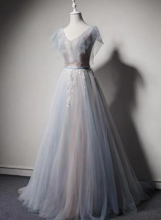 Light Blue And Pink V-Neckline Tulle With Lace Evening Dress, A-Line Long Prom Dress Party Dress   cg21629 Tunics Stylish elegant