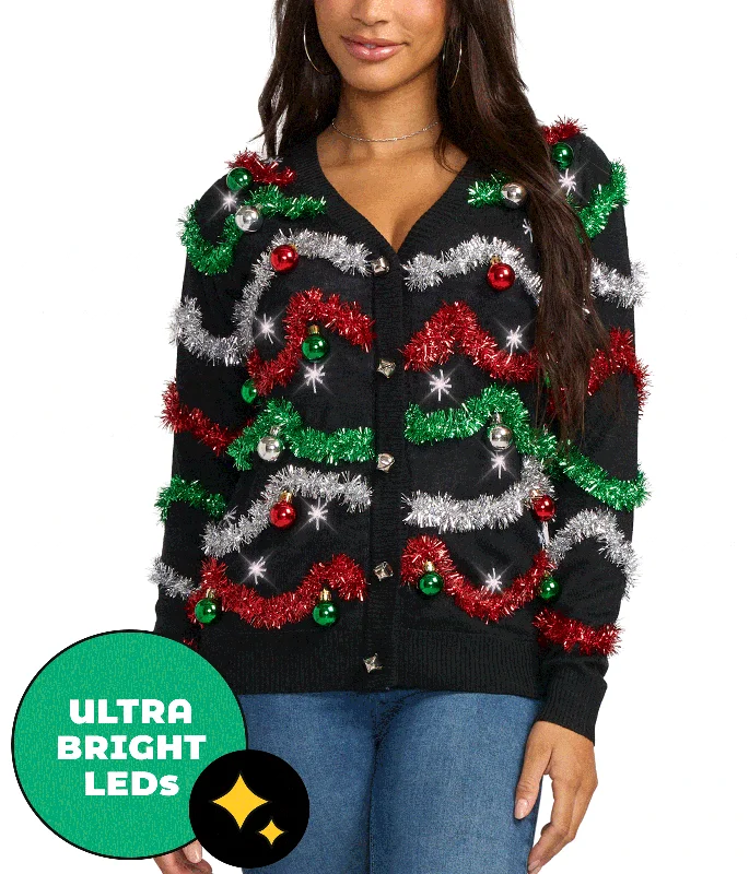 Women's Midnight Garland Light Up Christmas Cardigan Sweater Sequined Glittery Shiny