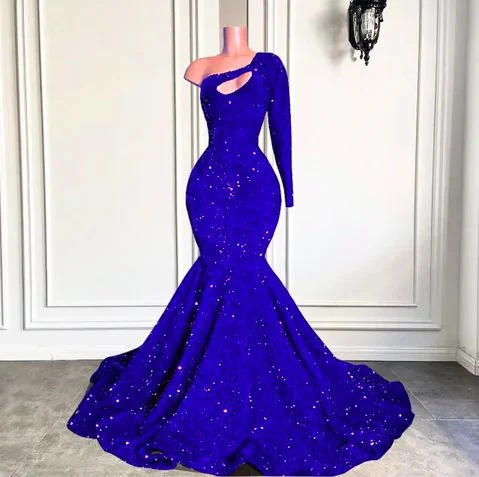 Royal blue sparkly prom dresses long sleeve one shoulder mermaid cheap formal party dresses     cg24875 Tunics Business professional