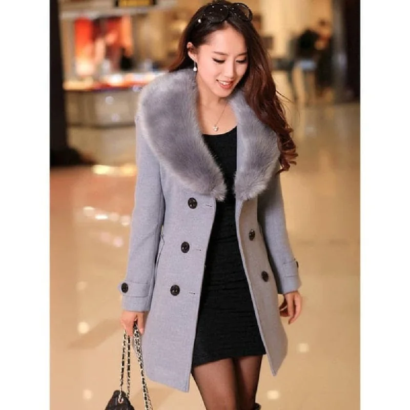 MDG Women's Fine Fashion Gray Coat Jacket Premium Quality Fur Collar Designer Wool Coat Jacket Welt Pockets Slit Pockets Flap Pockets
