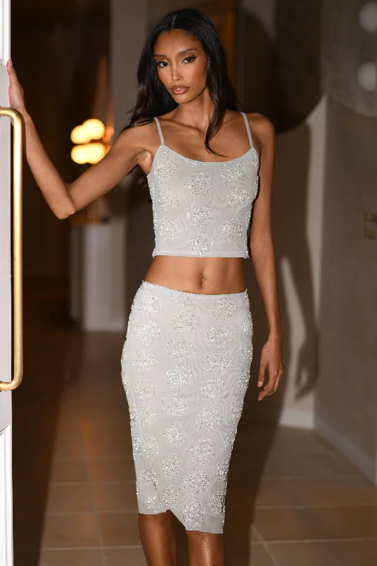 Greta Rose Beaded Midi Skirt - Silver tiered skirt playful